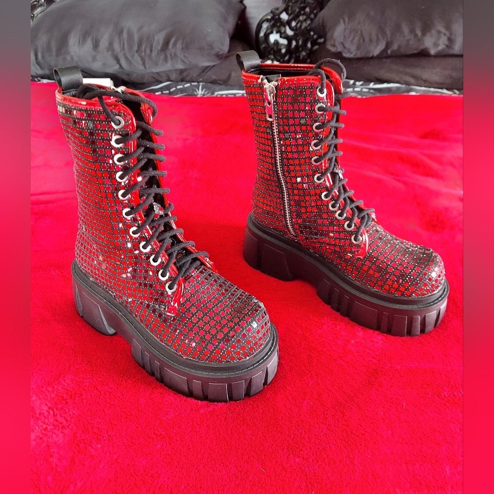 Dolls Kill Club Exx Red Disco Fusion Combat Boots